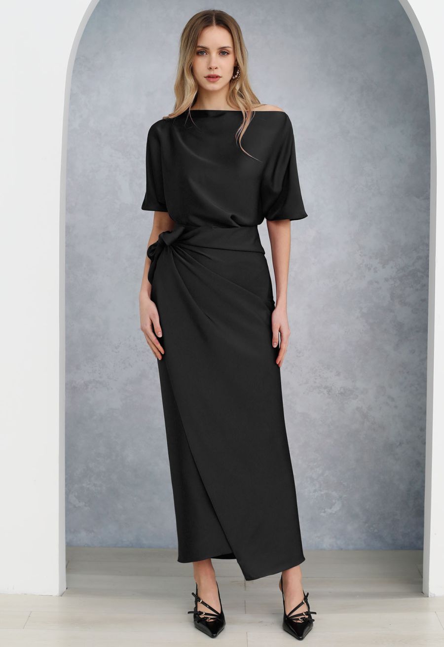 Satin Short-Sleeve Wrapped Waist Maxi Dress in Black