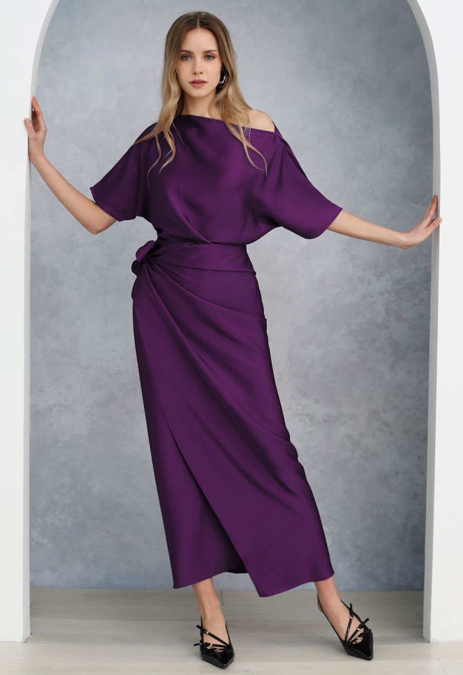 Satin Short-Sleeve Wrapped Waist Maxi Dress in Purple