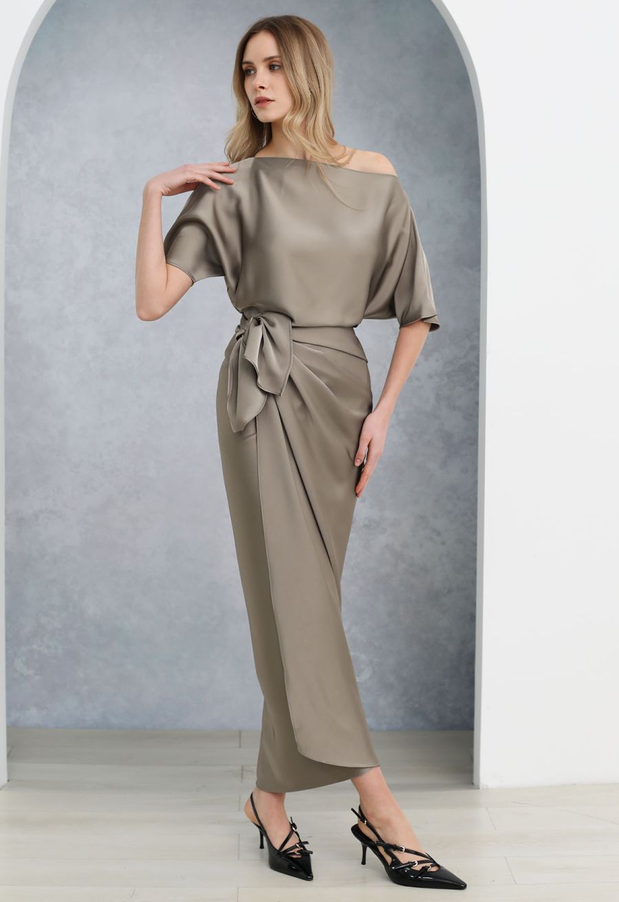 Satin Short-Sleeve Wrapped Waist Maxi Dress in Taupe