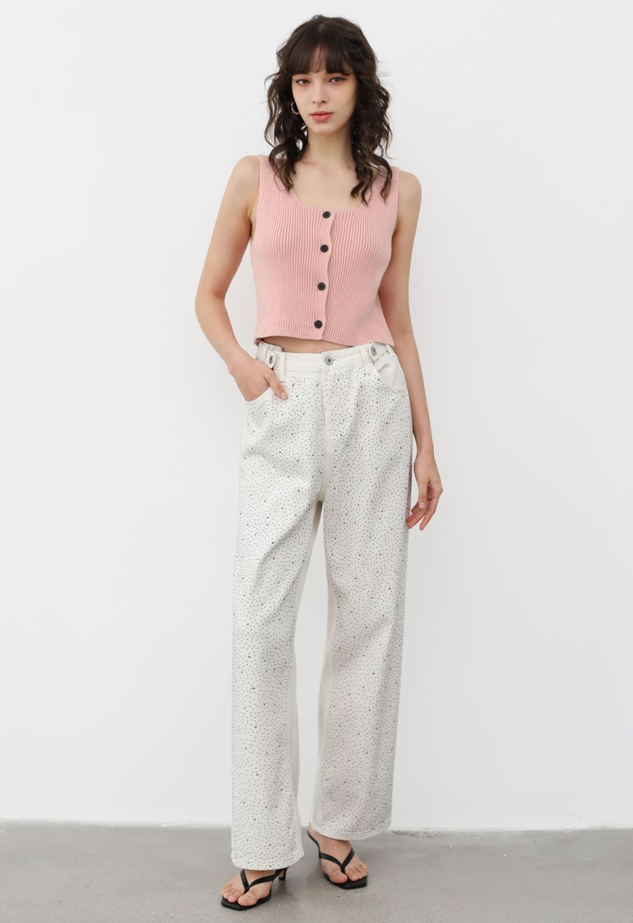 Button Down Sleeveless Knit Crop Top in Pink