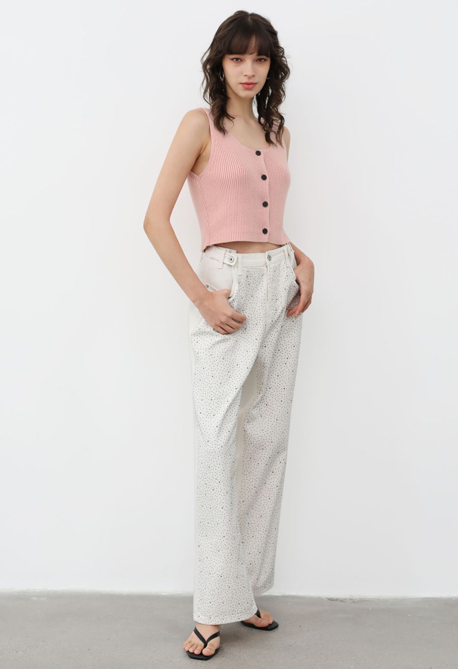 Button Down Sleeveless Knit Crop Top in Pink