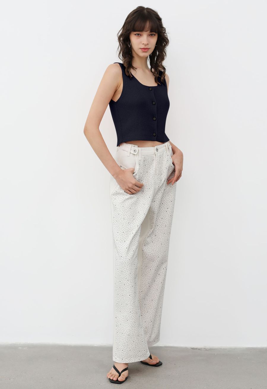 Button Down Sleeveless Knit Crop Top in Navy