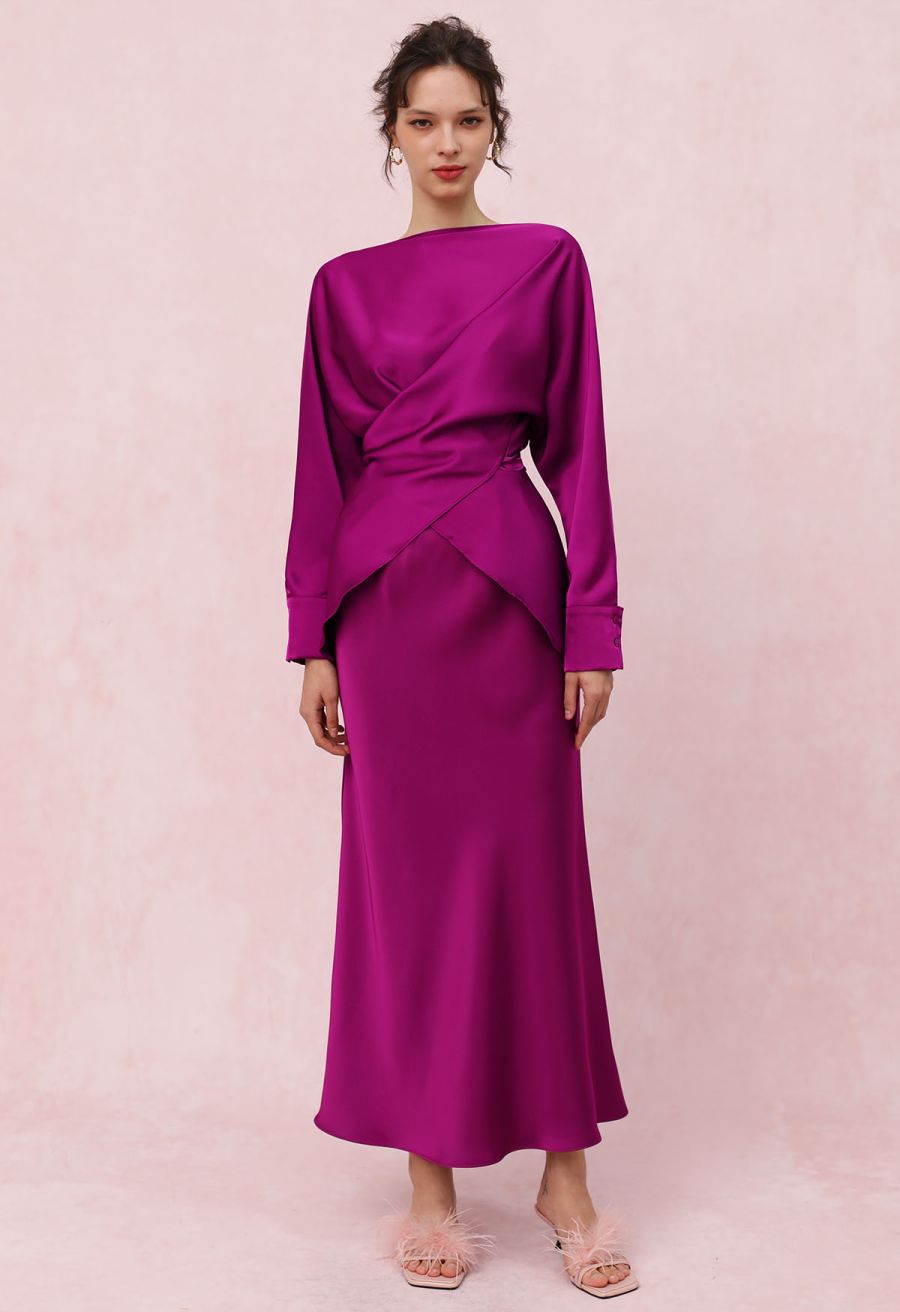 Satin Finish Mermaid Maxi Skirt in Magenta