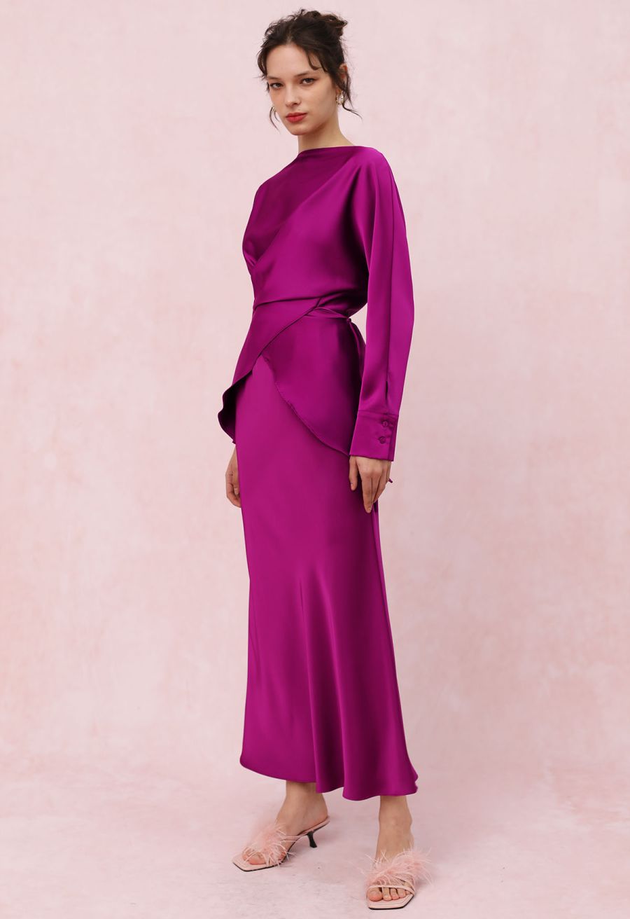 Satin Finish Mermaid Maxi Skirt in Magenta