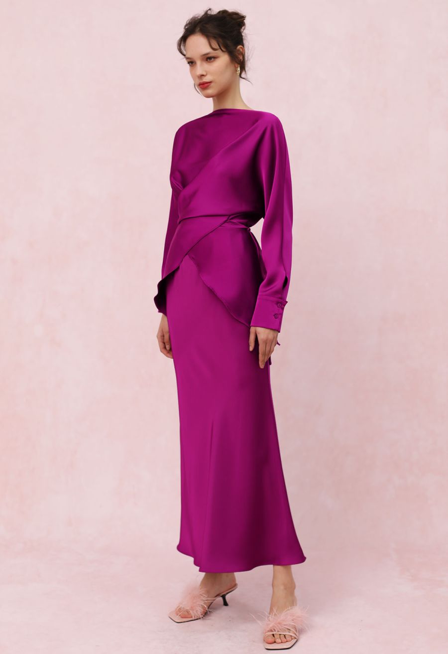 Satin Finish Mermaid Maxi Skirt in Magenta