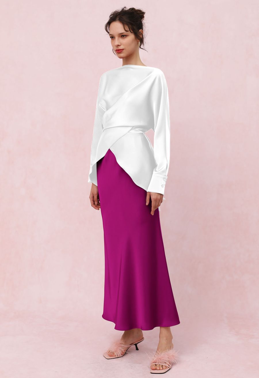 Boat Neck Crisscross Waist Satin Top in White
