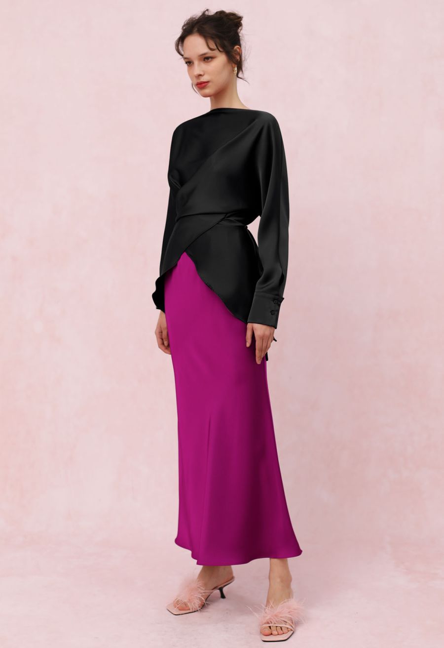 Boat Neck Crisscross Waist Satin Top in Black