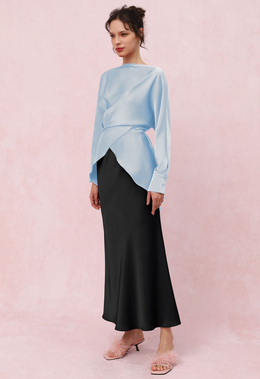 Boat Neck Crisscross Waist Satin Top in Blue