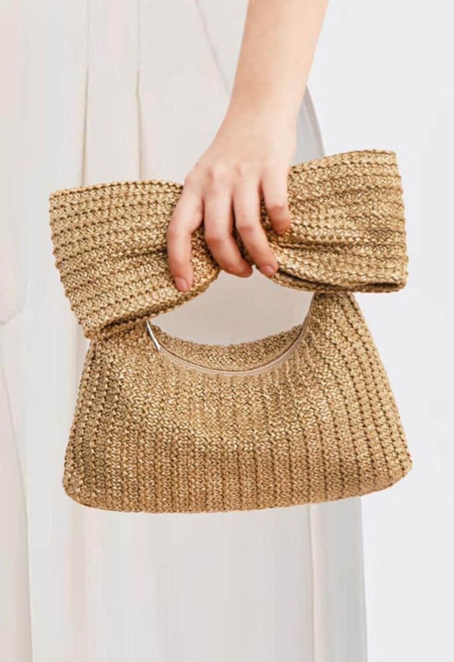 Bowknot Braided Straw Clutch in Khaki