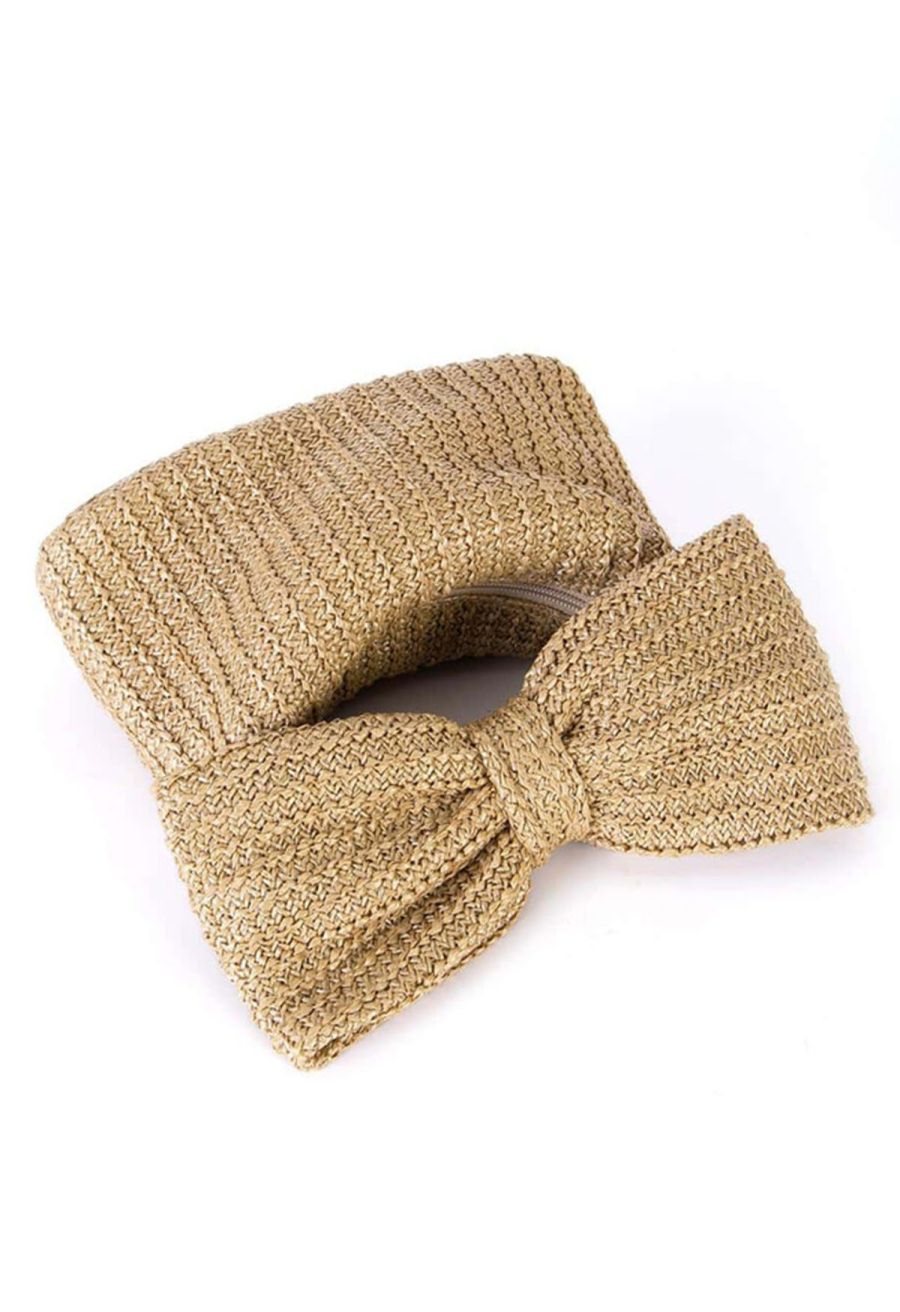 Bowknot Braided Straw Clutch in Khaki