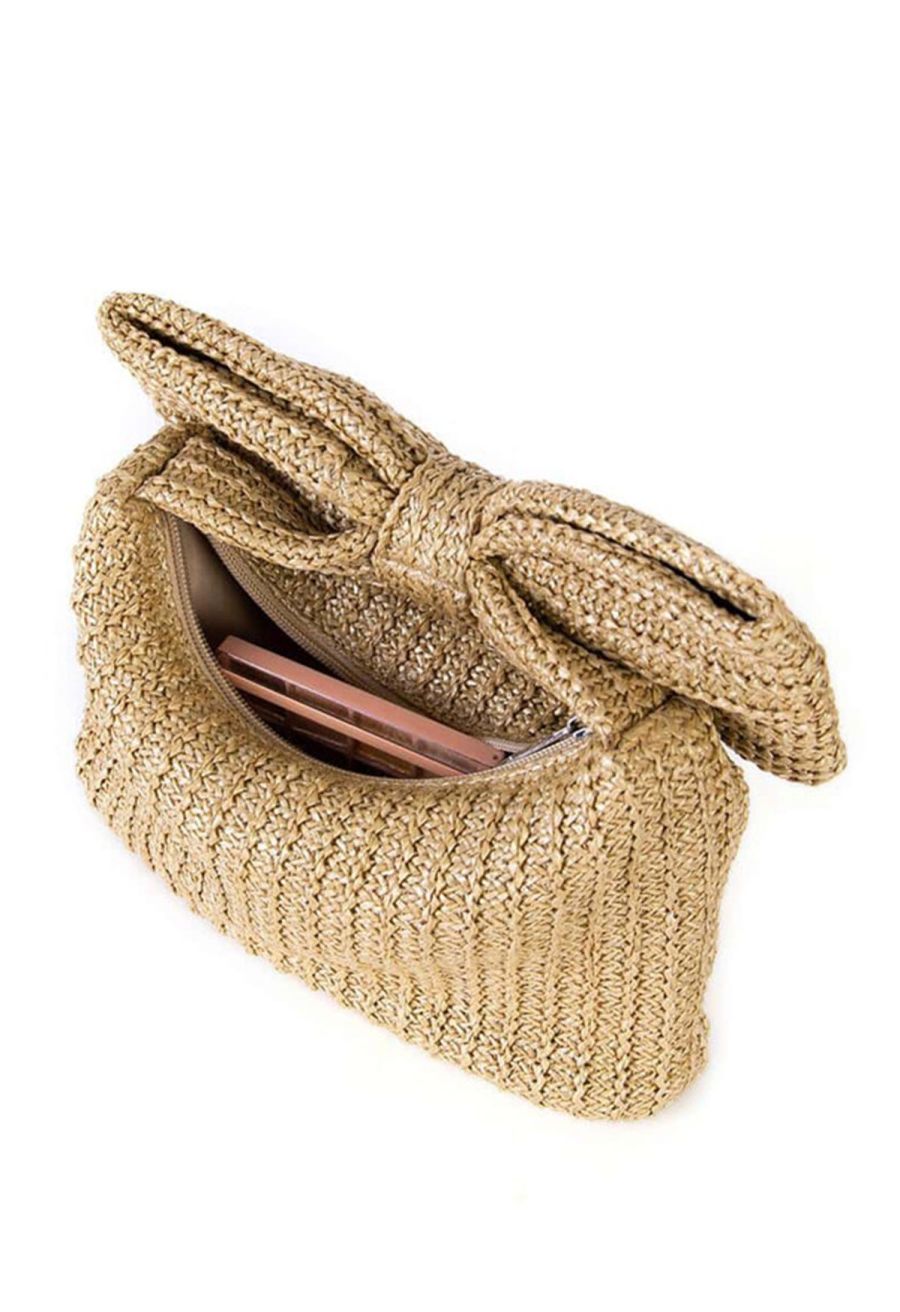 Bowknot Braided Straw Clutch in Khaki