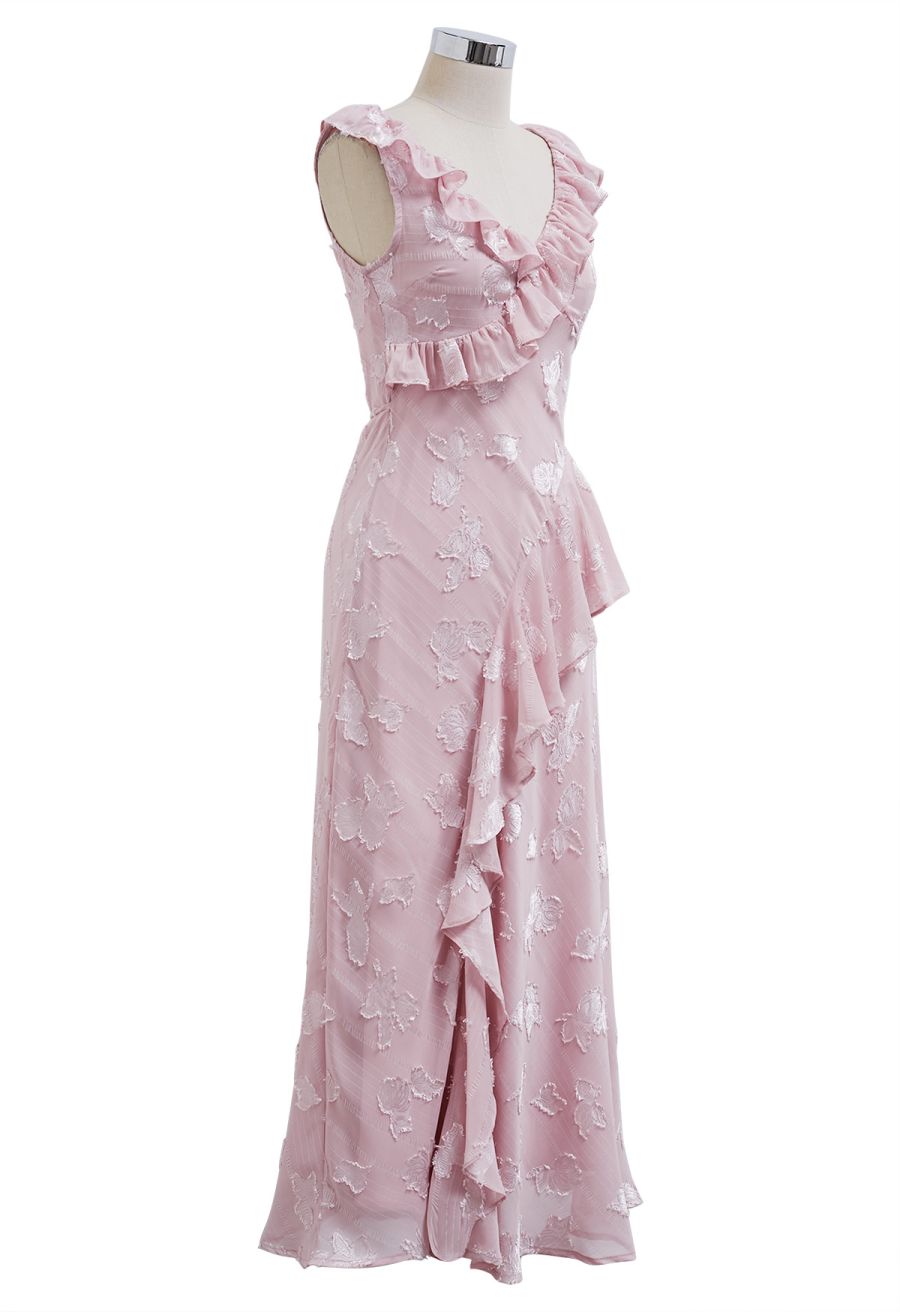 Burnout Rose Ruffle Edge V-Neck Midi Dress in Pink
