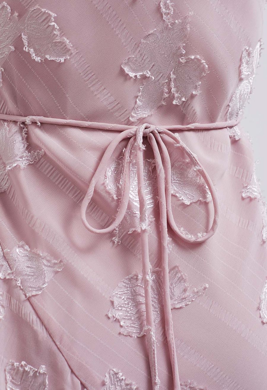 Burnout Rose Ruffle Edge V-Neck Midi Dress in Pink
