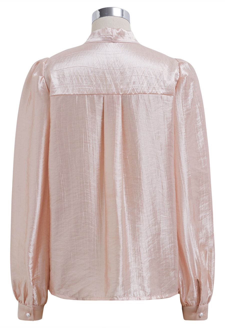 Texture Satin Self-Tie Bowknot Shirt in Coral
