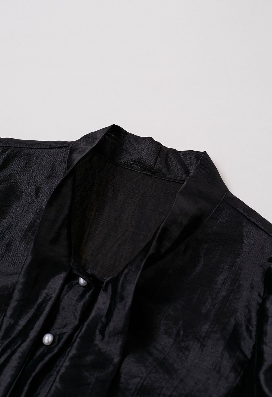 Texture Satin Self-Tie Bowknot Shirt in Black
