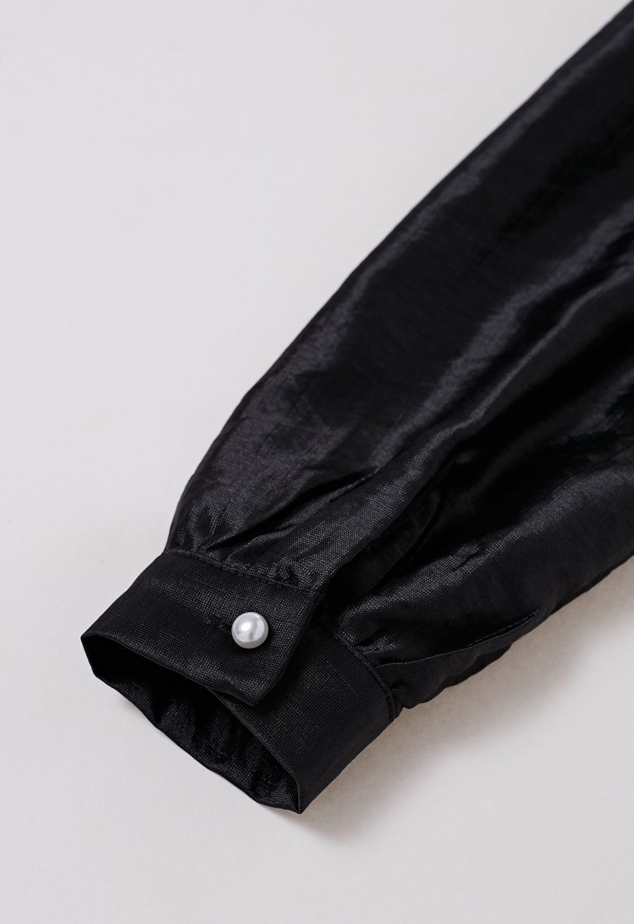 Texture Satin Self-Tie Bowknot Shirt in Black
