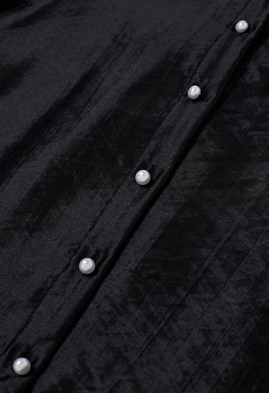 Texture Satin Self-Tie Bowknot Shirt in Black
