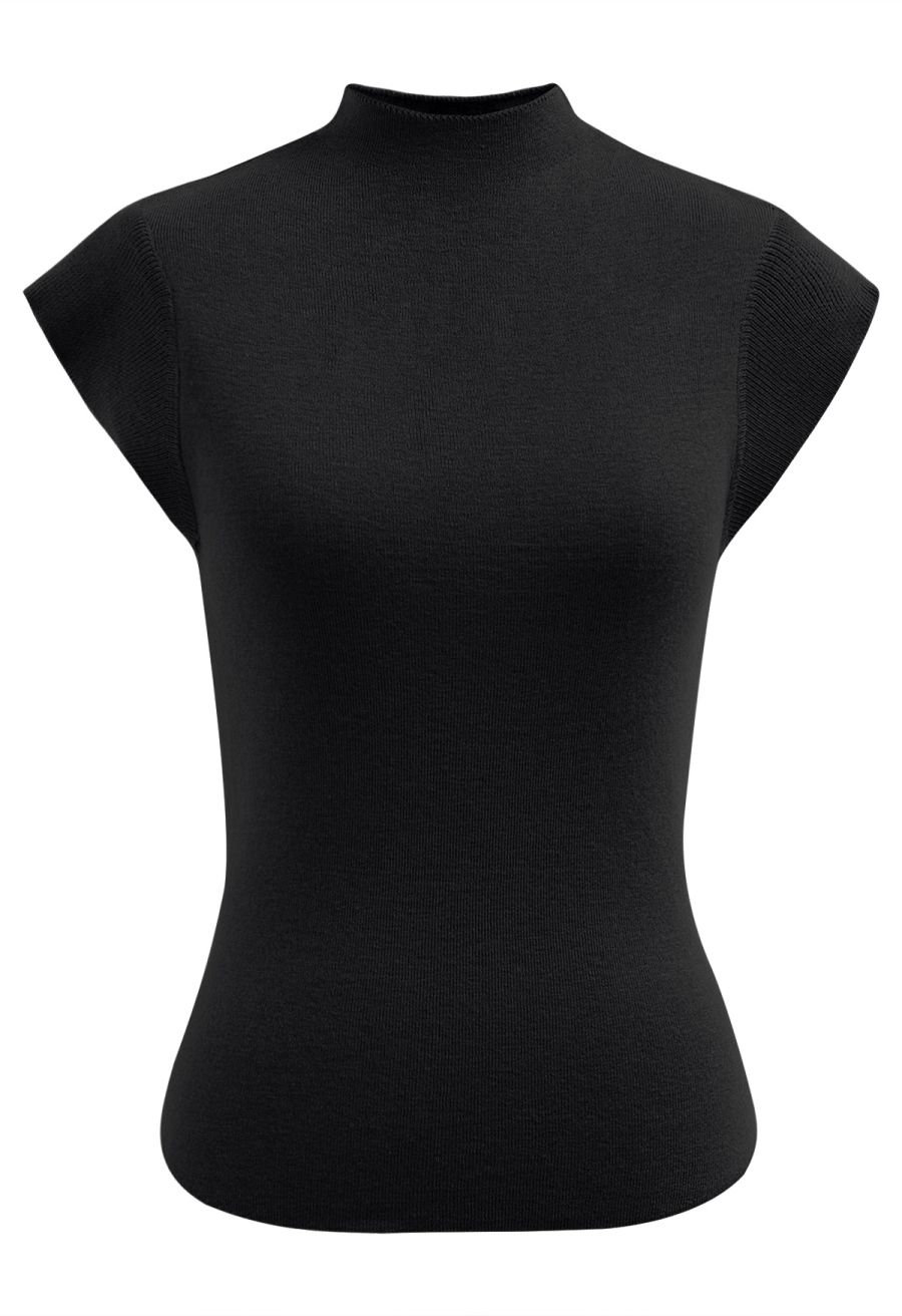 Back Drawstring Waist Mock Neck Knit Top in Black