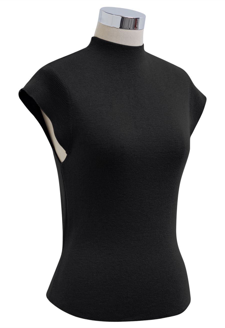 Back Drawstring Waist Mock Neck Knit Top in Black