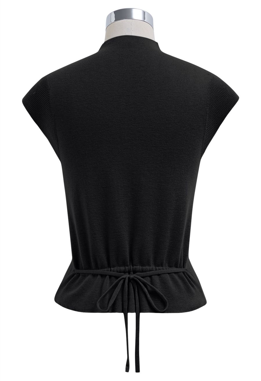 Back Drawstring Waist Mock Neck Knit Top in Black