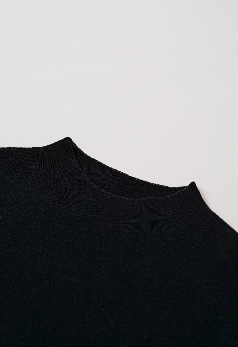 Back Drawstring Waist Mock Neck Knit Top in Black