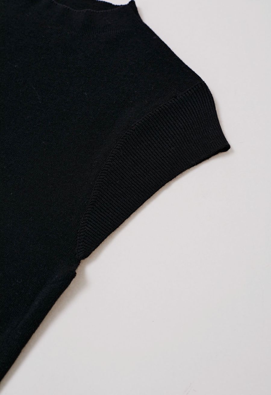 Back Drawstring Waist Mock Neck Knit Top in Black
