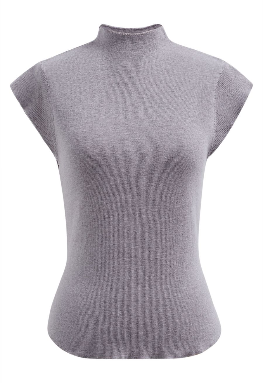 Back Drawstring Waist Mock Neck Knit Top in Grey