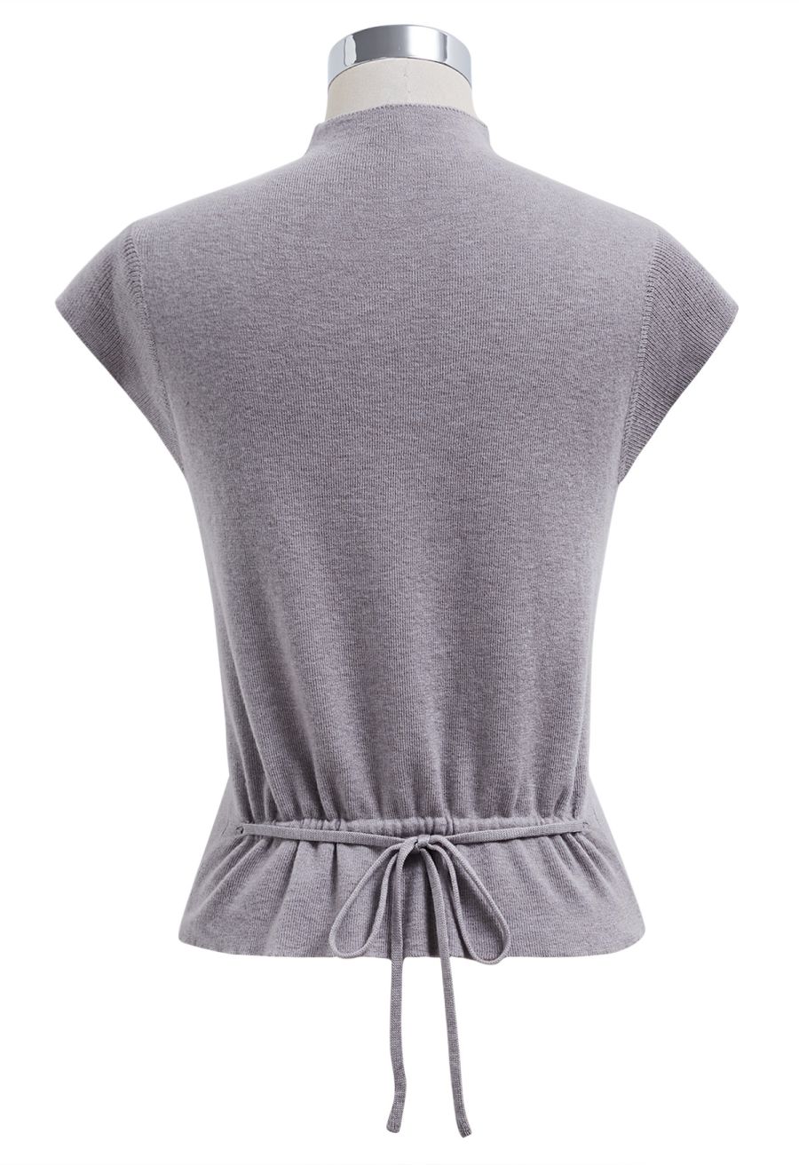 Back Drawstring Waist Mock Neck Knit Top in Grey