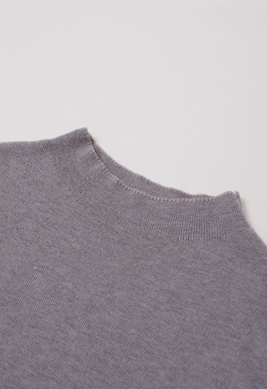 Back Drawstring Waist Mock Neck Knit Top in Grey