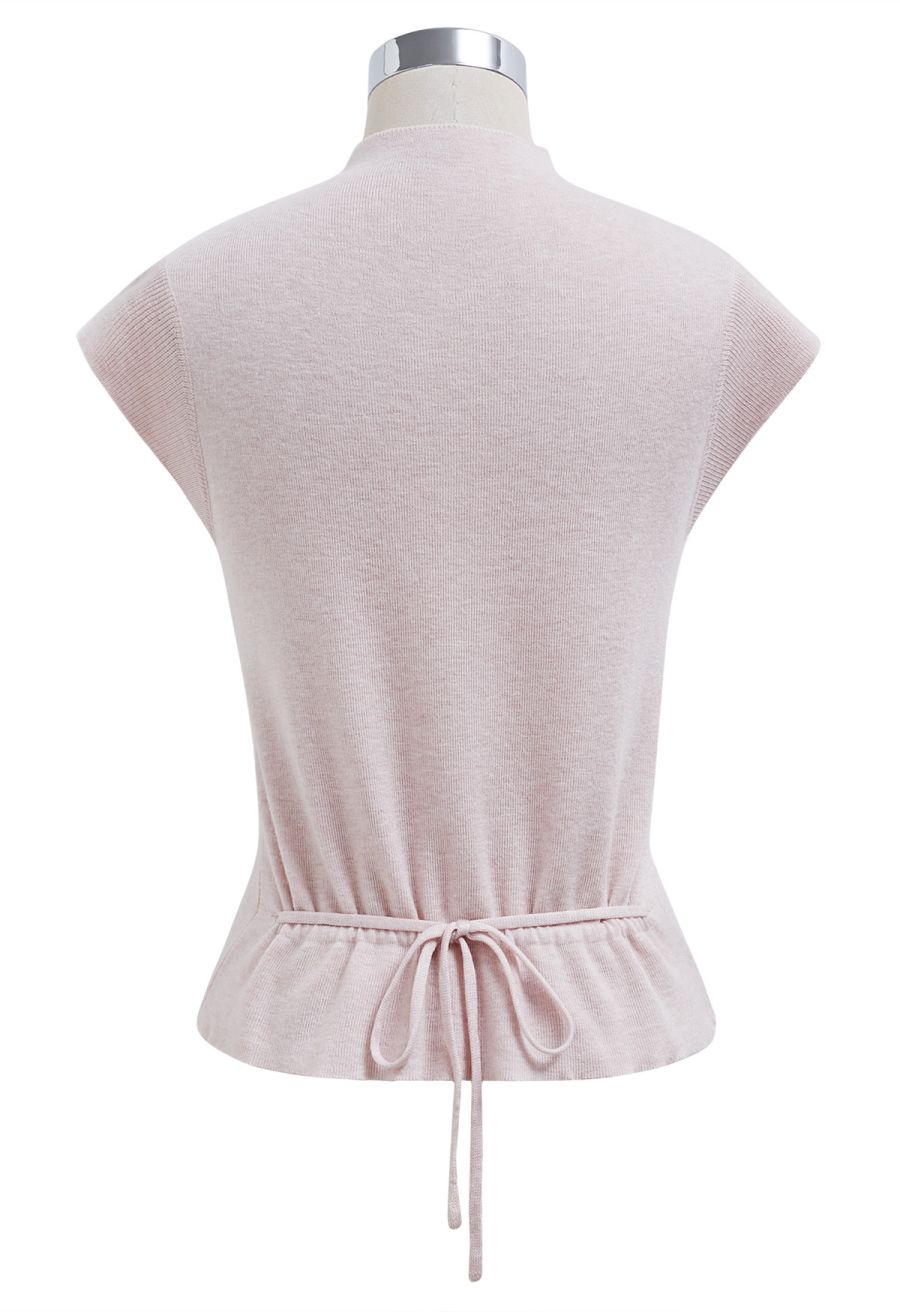 Back Drawstring Waist Mock Neck Knit Top in Pink