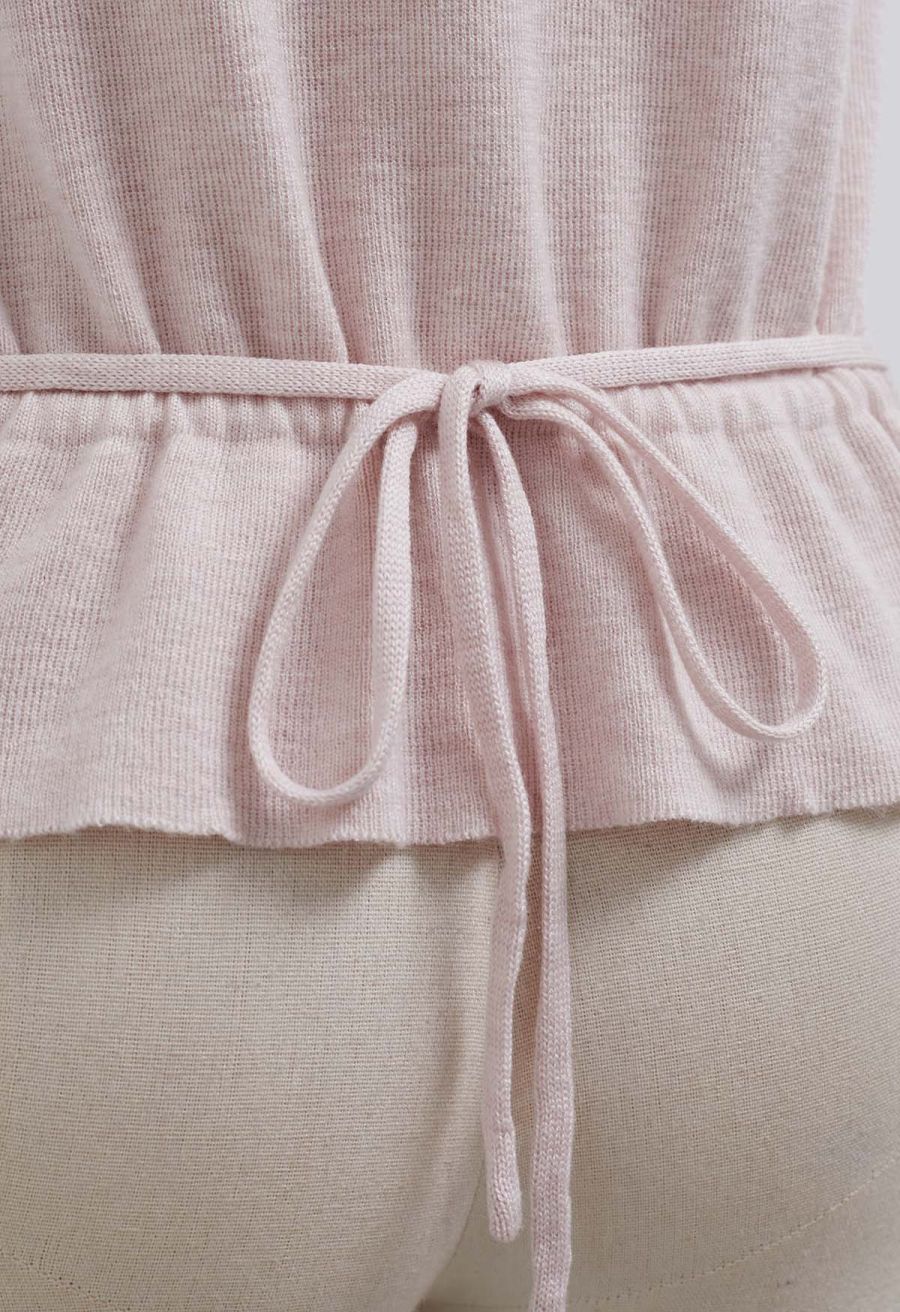 Back Drawstring Waist Mock Neck Knit Top in Pink