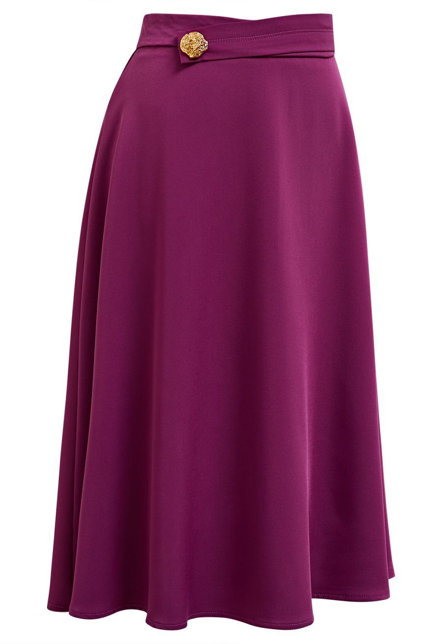 Golden Button Embellished Midi Skirt in Magenta