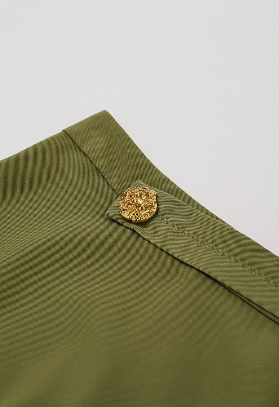 Golden Button Embellished Midi Skirt in Moss Green