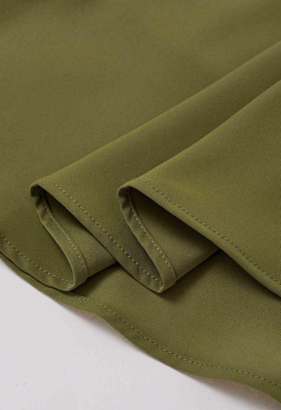 Golden Button Embellished Midi Skirt in Moss Green