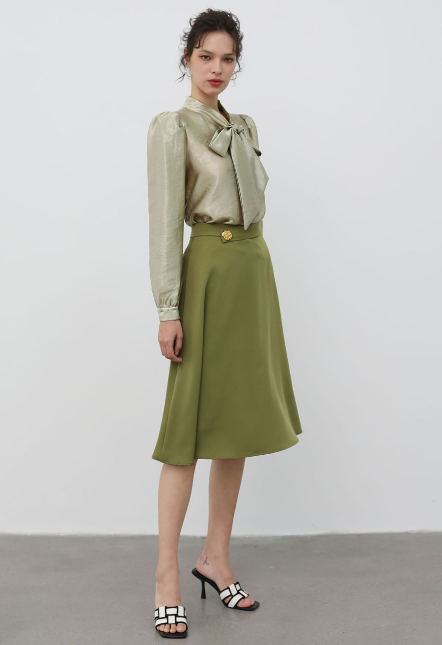 Golden Button Embellished Midi Skirt in Moss Green