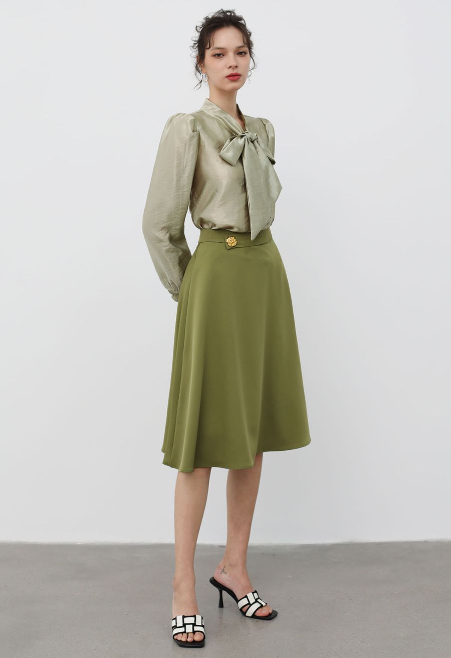 Golden Button Embellished Midi Skirt in Moss Green