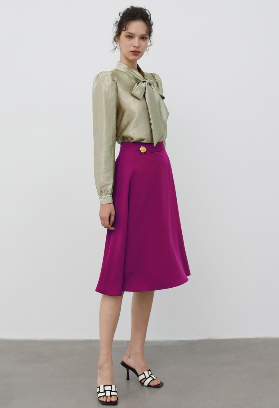 Golden Button Embellished Midi Skirt in Magenta