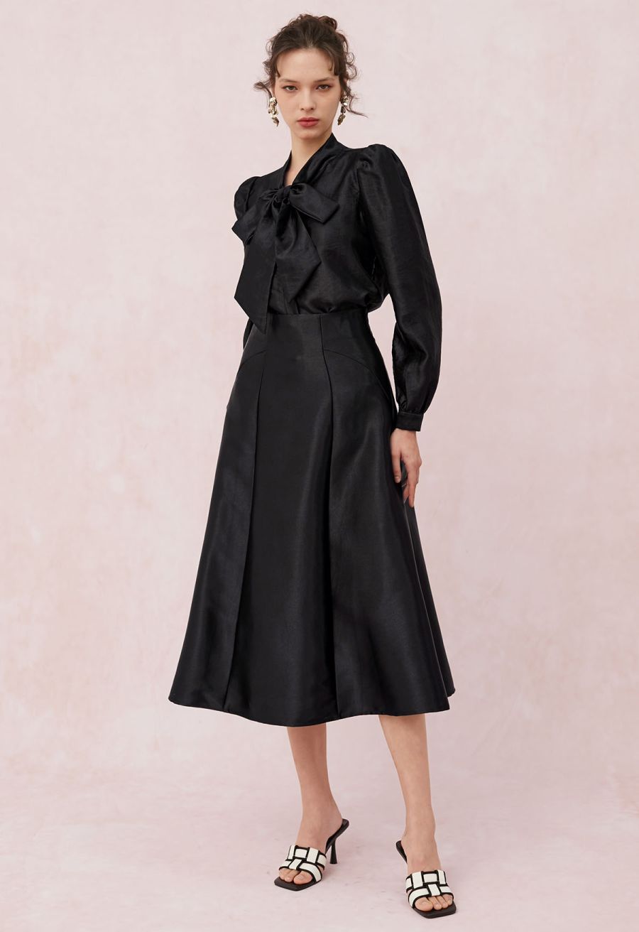 Glossy A-Line Midi Skirt in Black