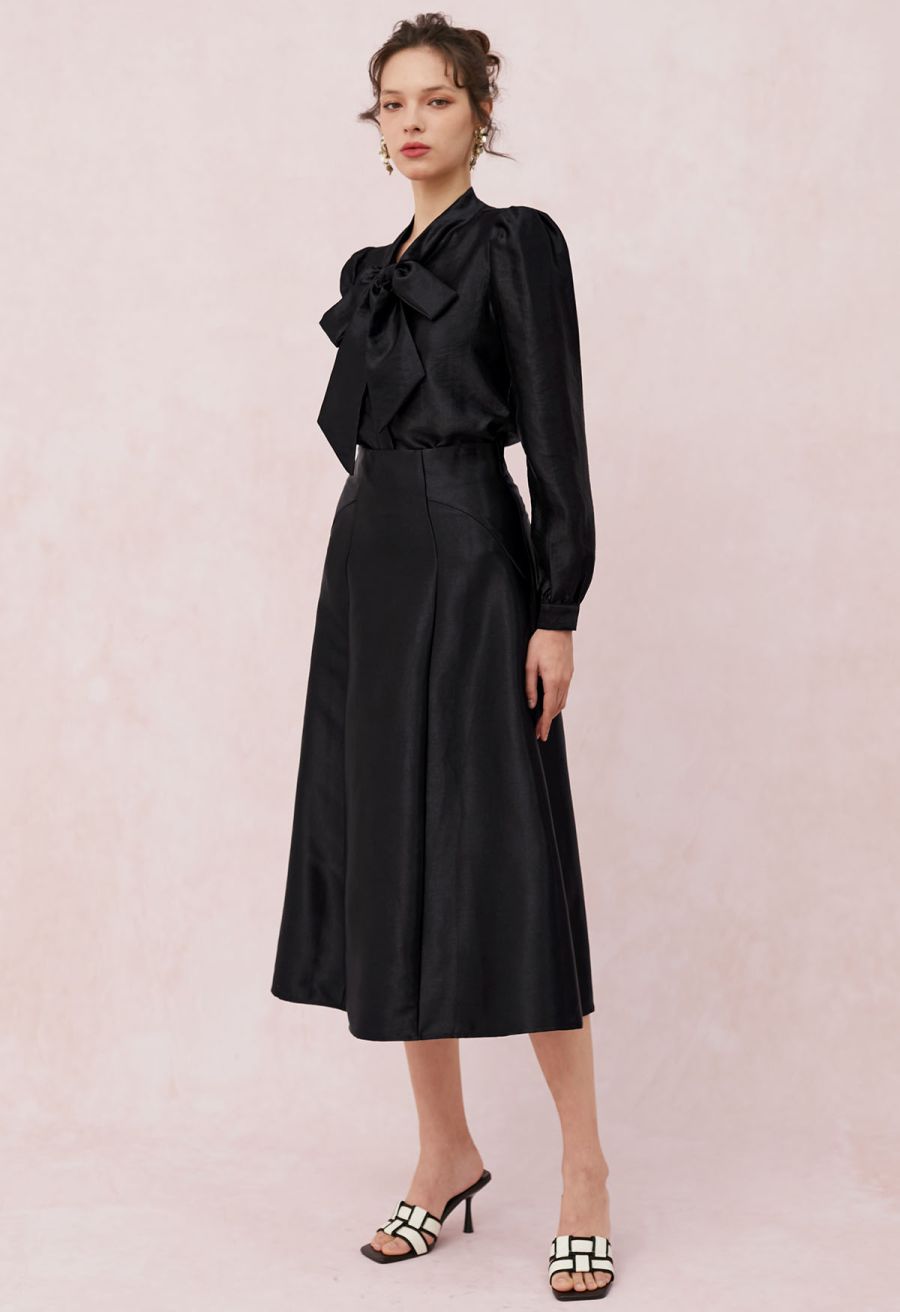 Texture Satin Self-Tie Bowknot Shirt in Black