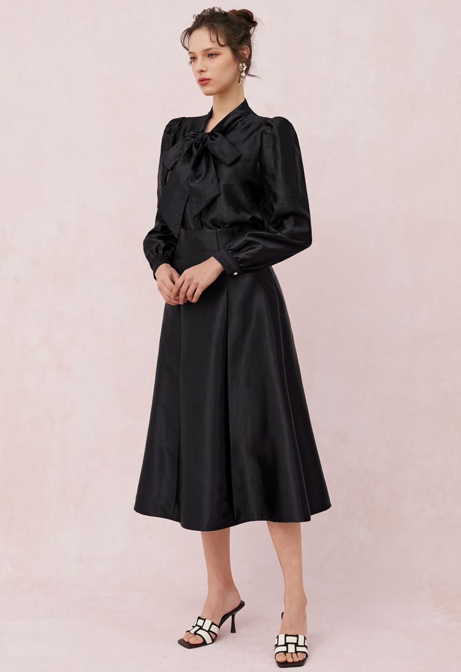 Texture Satin Self-Tie Bowknot Shirt in Black
