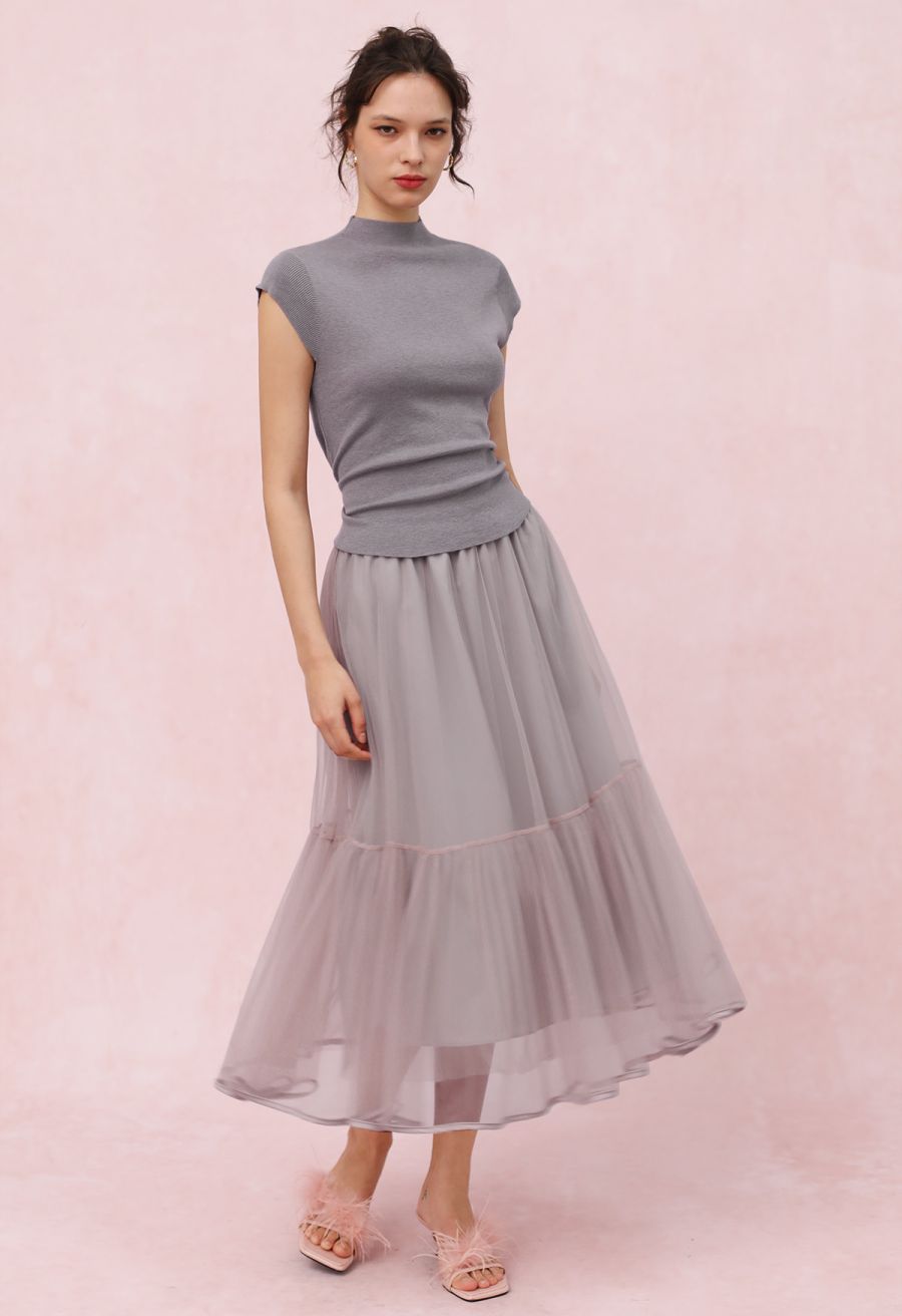 Back Drawstring Waist Mock Neck Knit Top in Grey