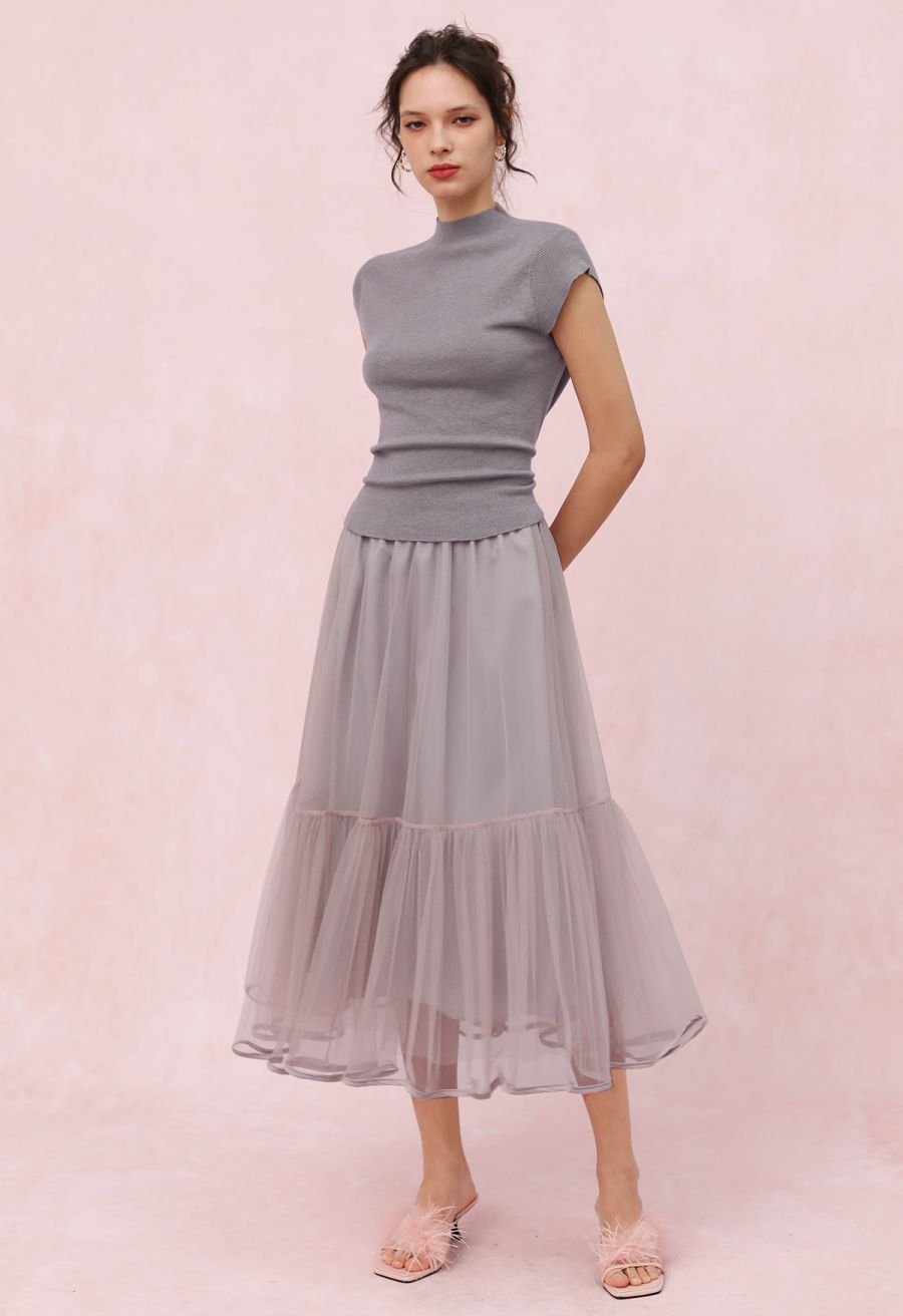 Back Drawstring Waist Mock Neck Knit Top in Grey