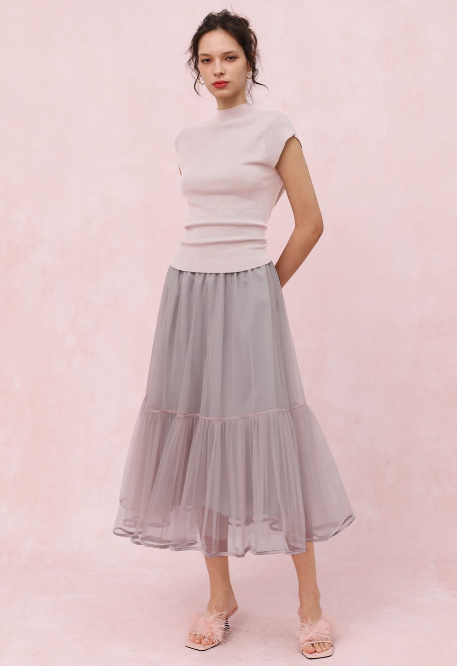 Back Drawstring Waist Mock Neck Knit Top in Pink