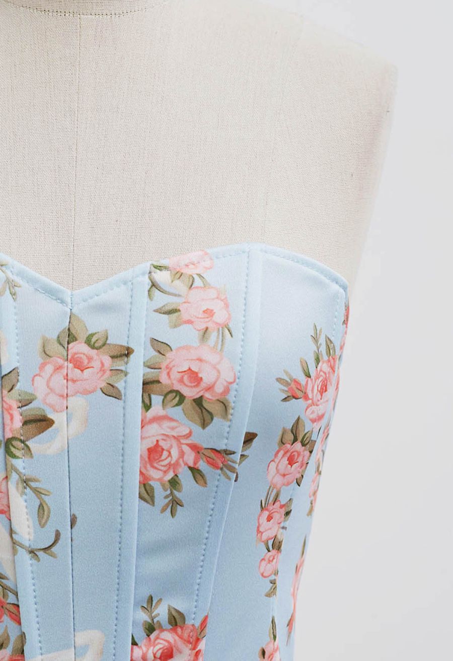 Floral Printed Corset Bustier Top in Baby Blue