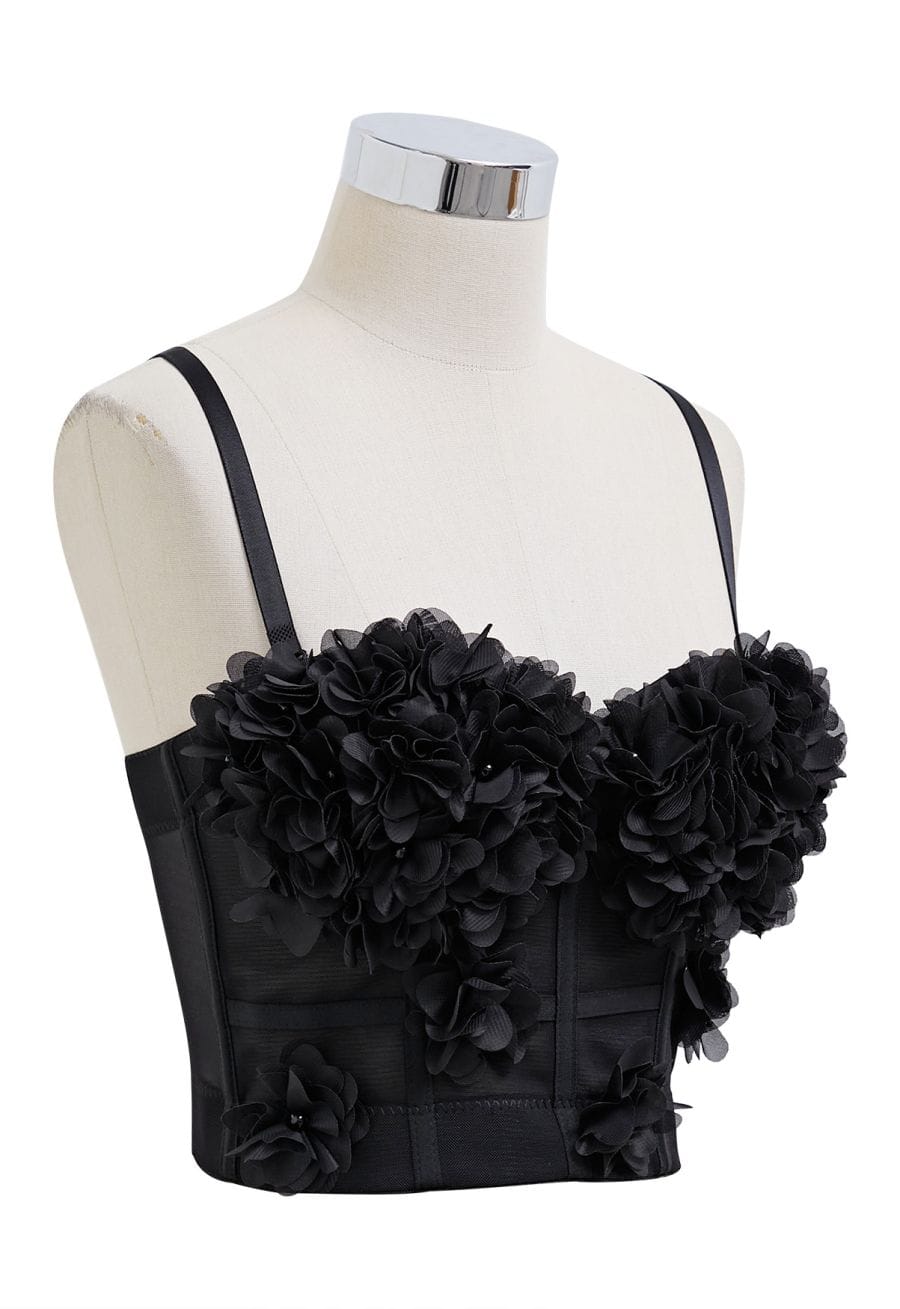 Pearly Petal Bustier Crop Top in Black