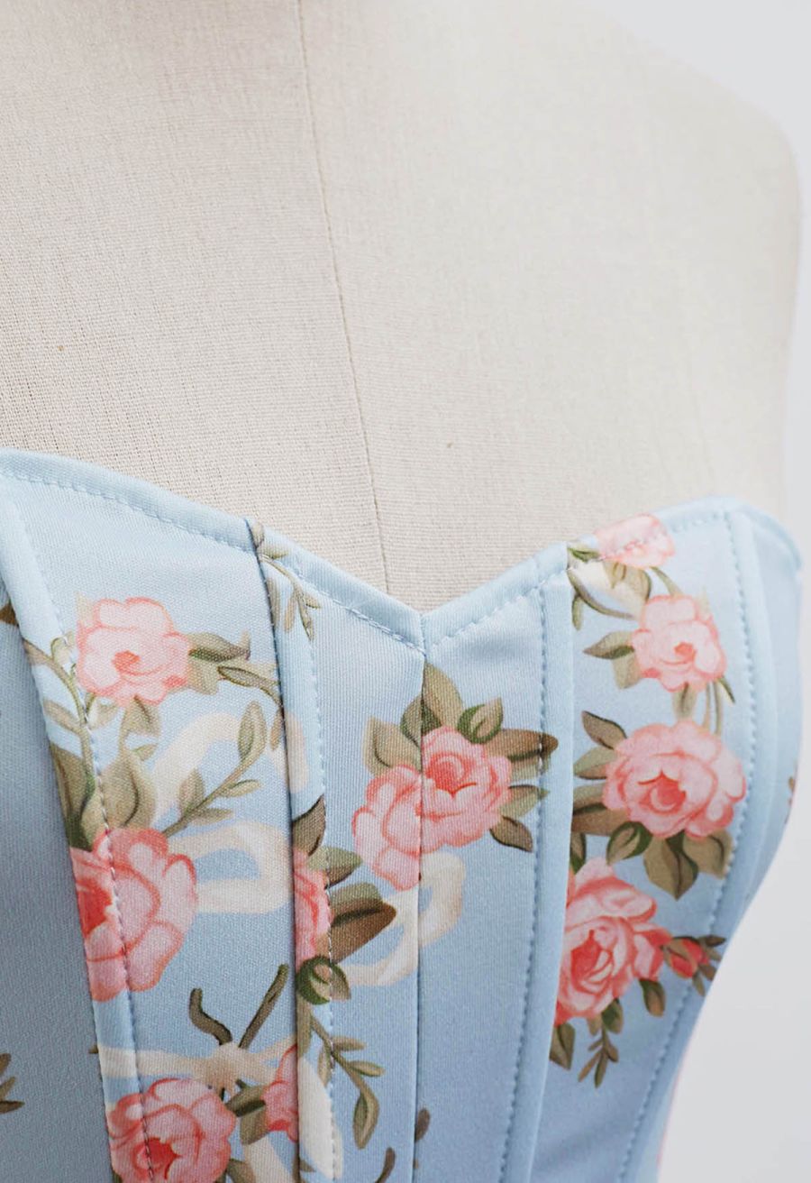 Floral Printed Corset Bustier Top in Baby Blue