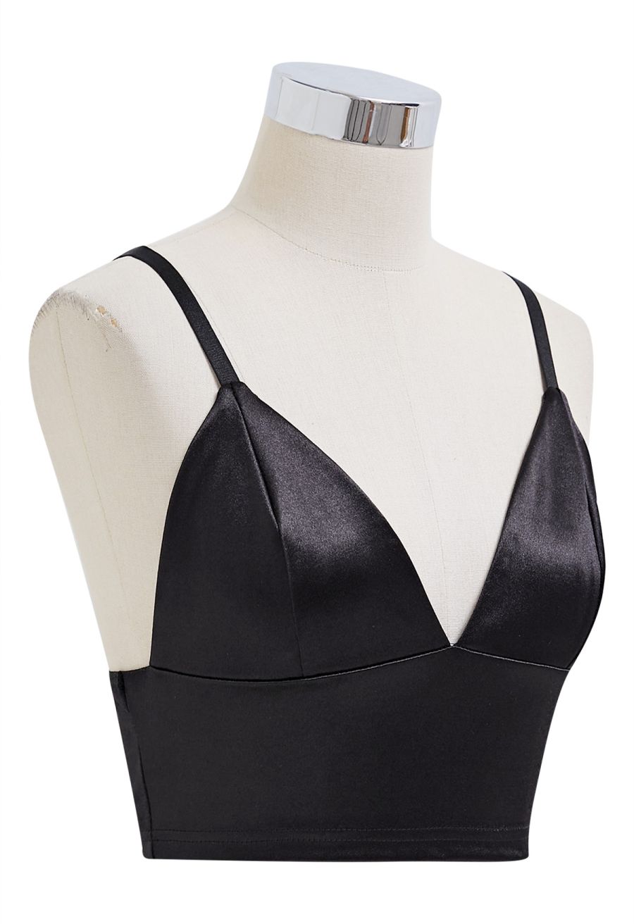 Satin Finish V-Neck Crop Cami Top in Black