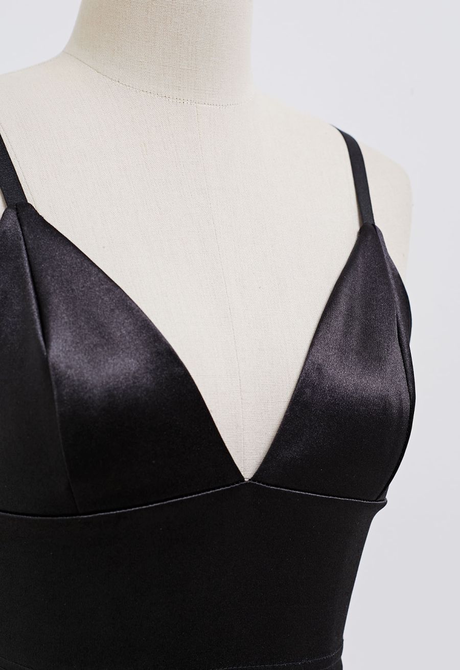 Satin Finish V-Neck Crop Cami Top in Black