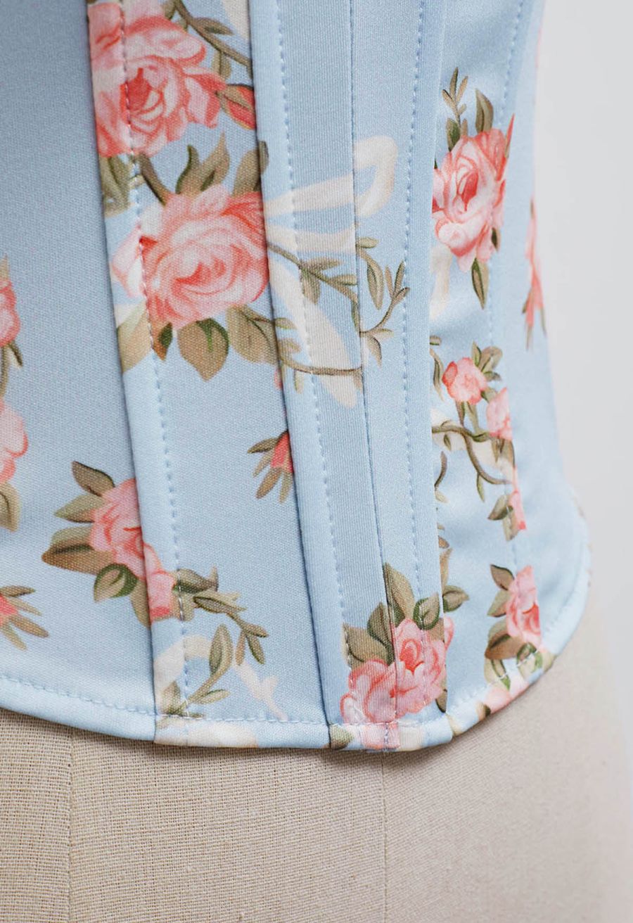 Floral Printed Corset Bustier Top in Baby Blue