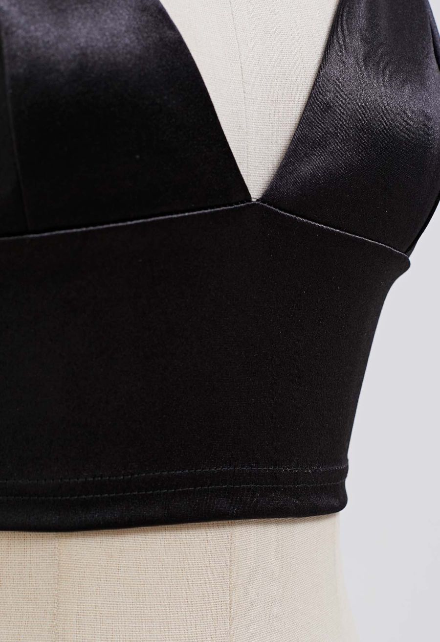 Satin Finish V-Neck Crop Cami Top in Black
